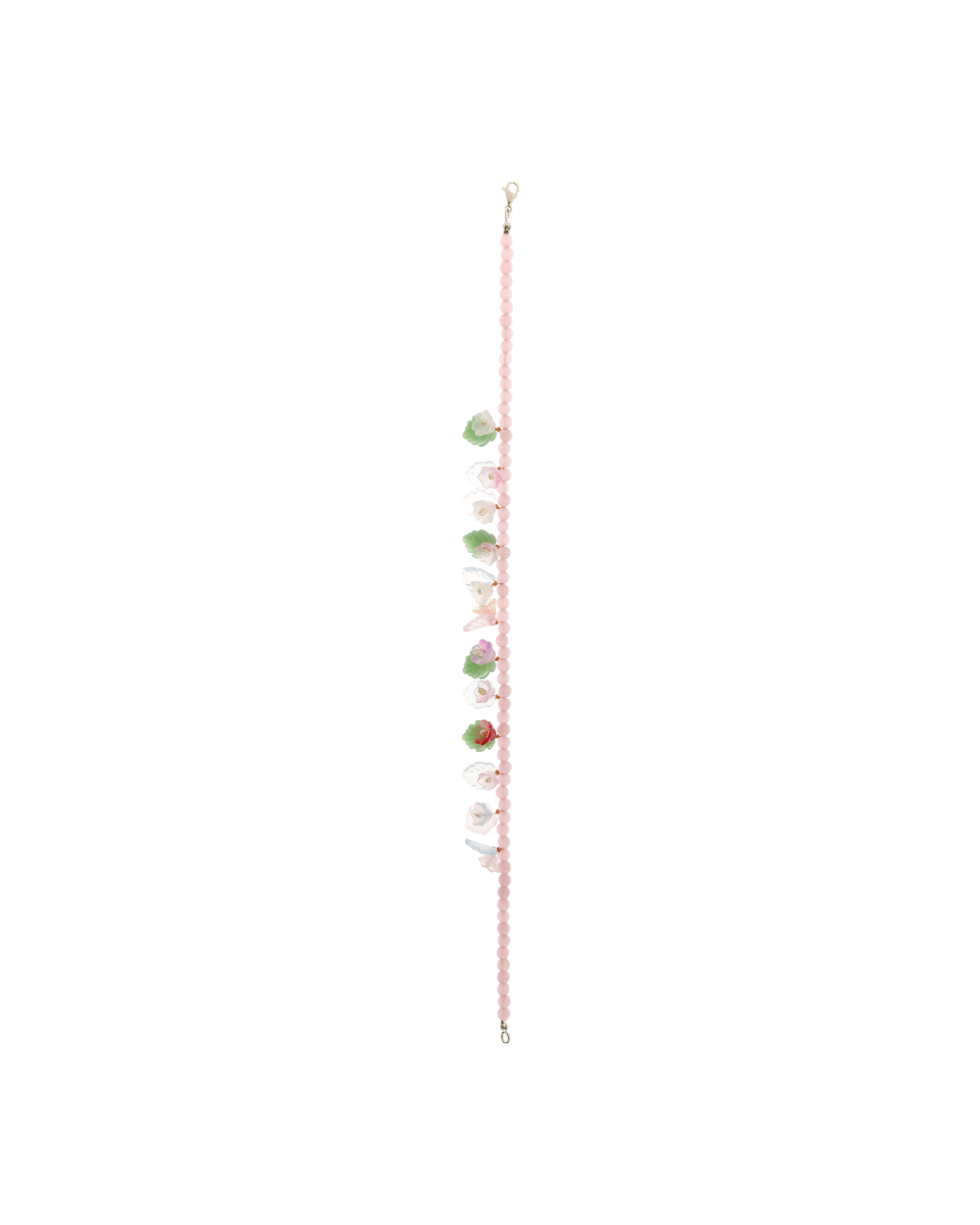 Long pink bead necklace with dangling flower charms and small loop