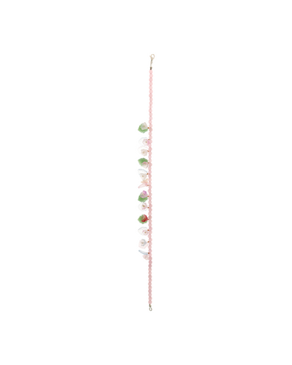 Long pink bead necklace with dangling flower charms and small loop