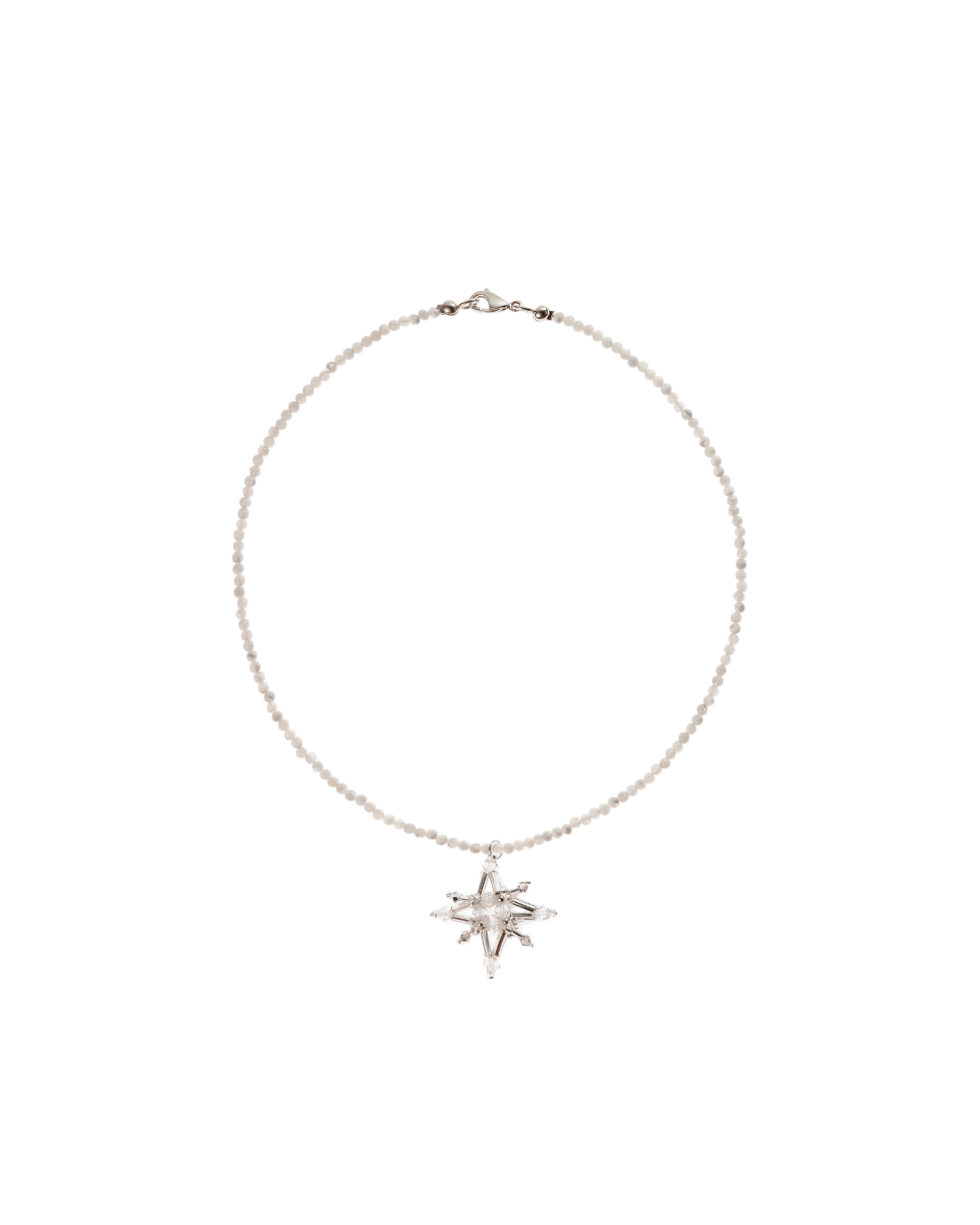 White pearl-bead necklace with dangling crystal star pendant