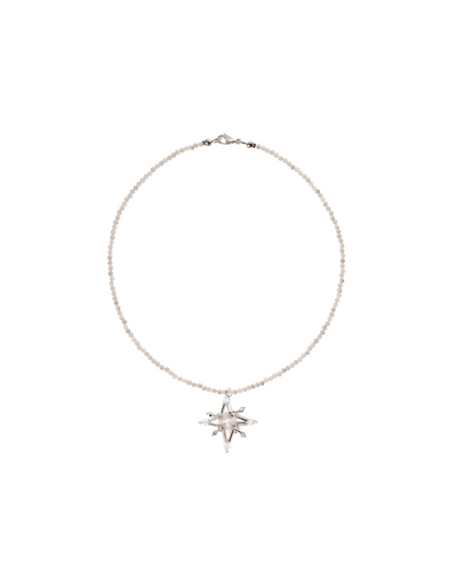 White pearl-bead necklace with dangling crystal star pendant