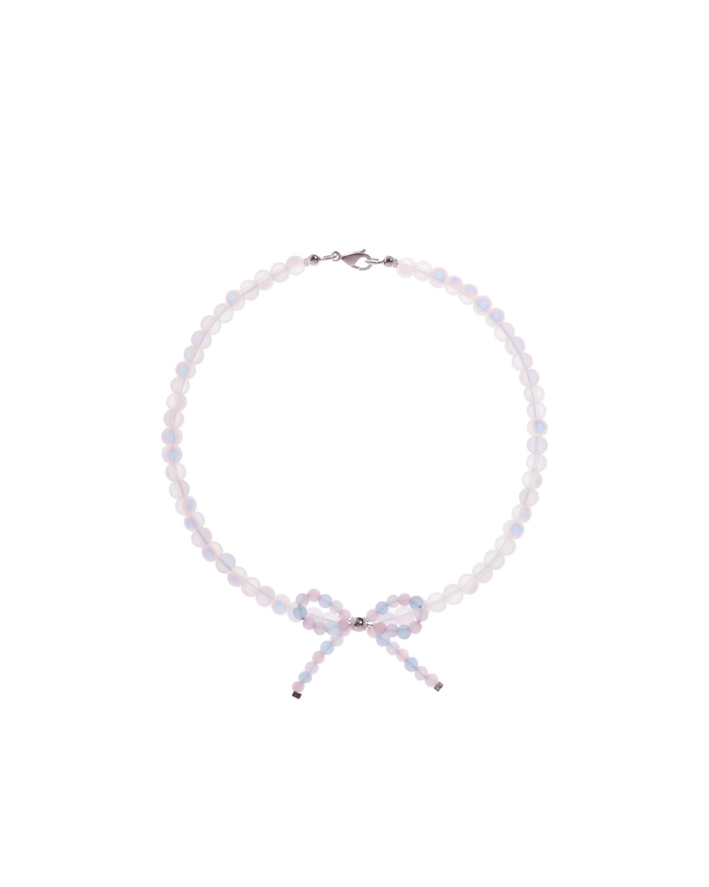 Opal-like moonstone beaded necklace with pink-blue iridescent bow clasp
