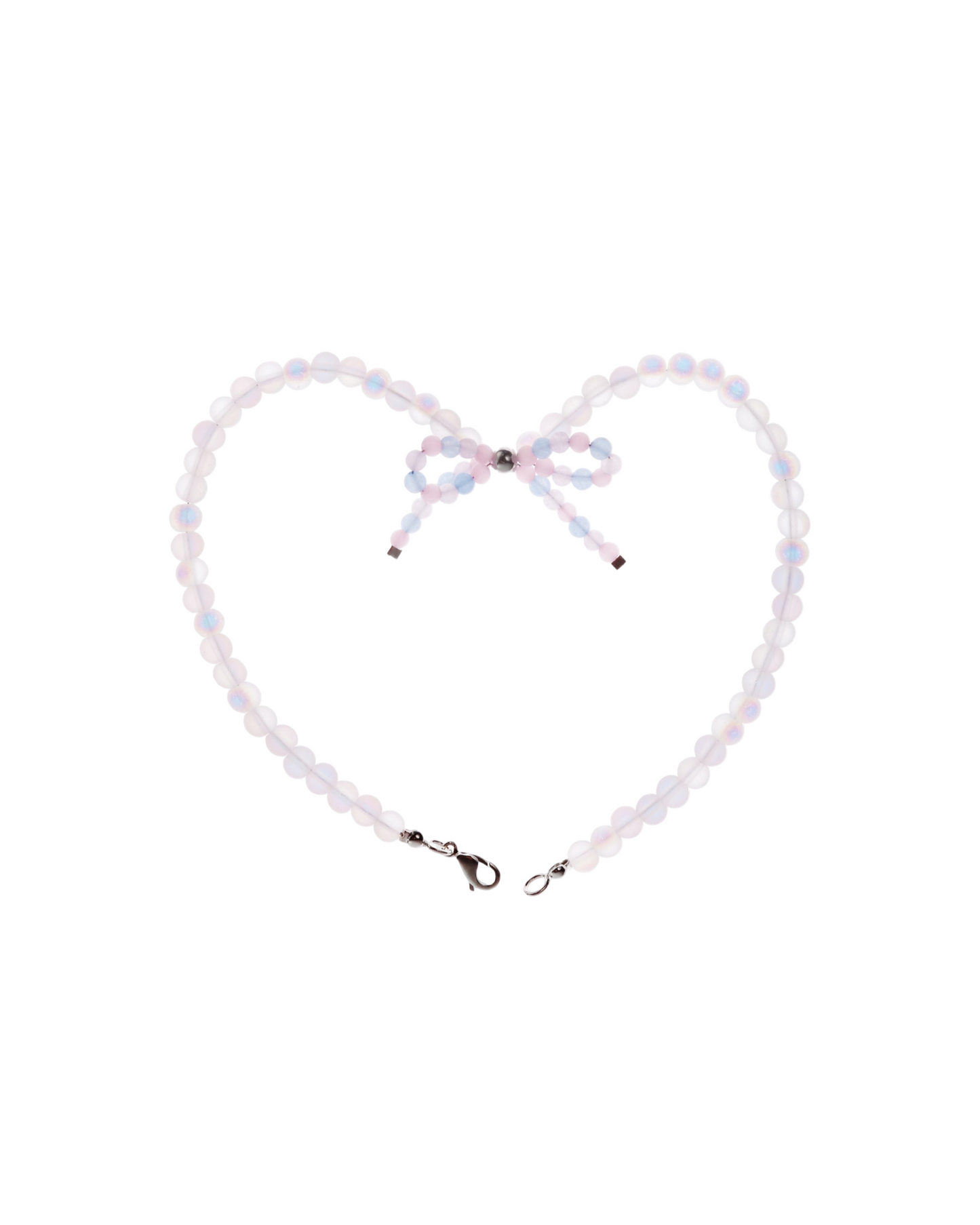Opal-like beaded necklace with iridescent bow pendant and teardrop clasp