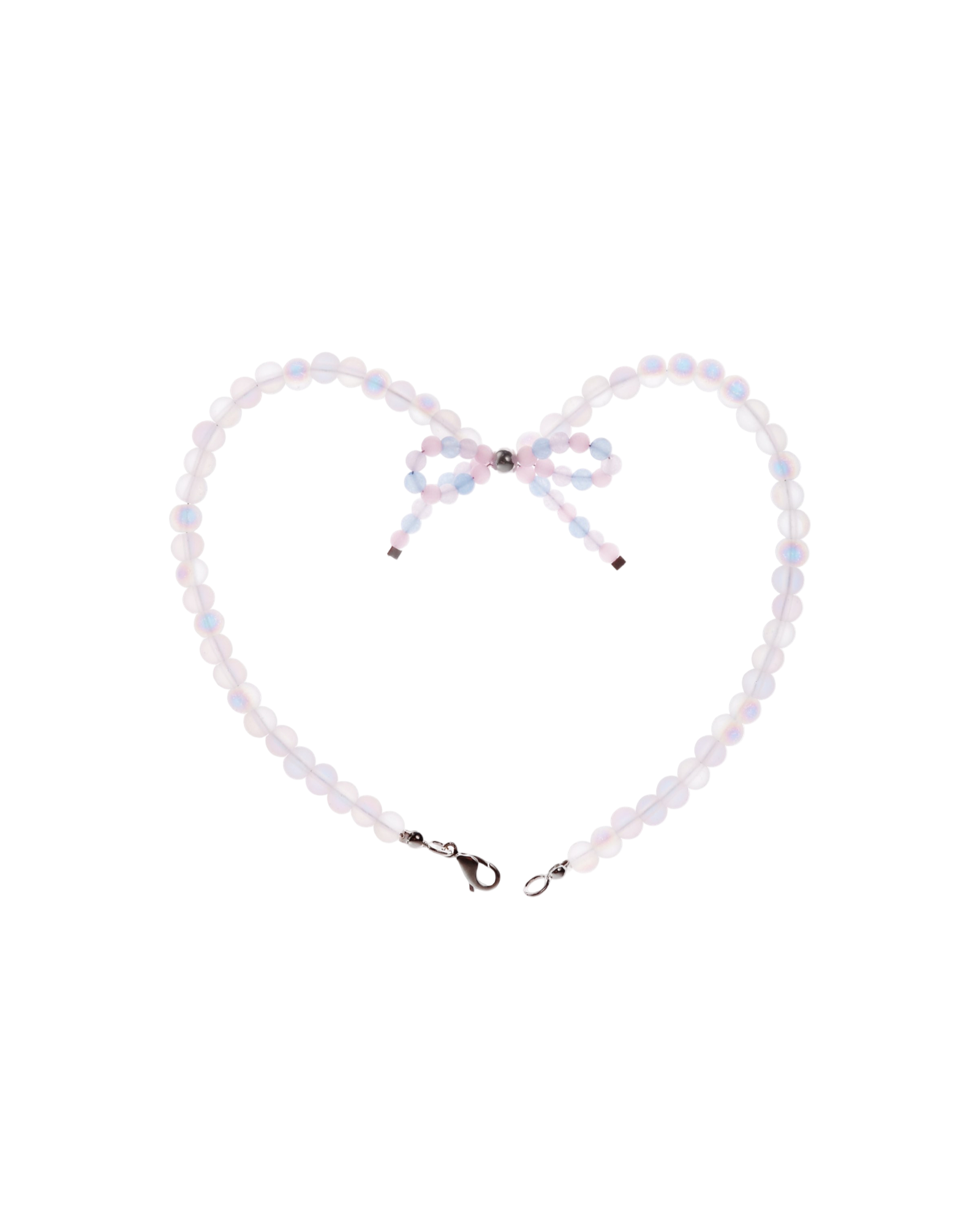Opal-like beaded necklace with iridescent bow pendant and teardrop clasp