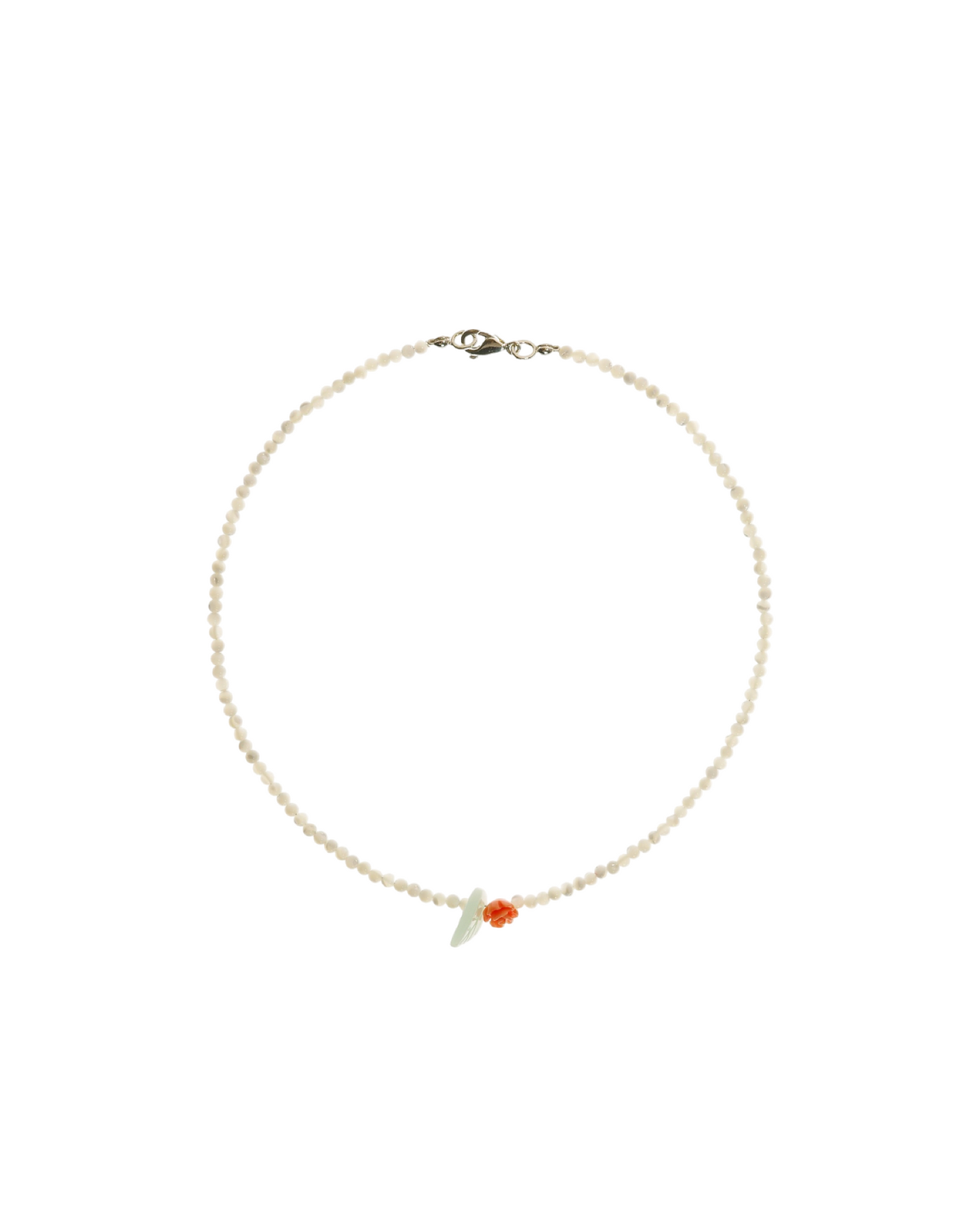 Cream pearl bead necklace with rose pendant, green leaf and red flower centerpiece