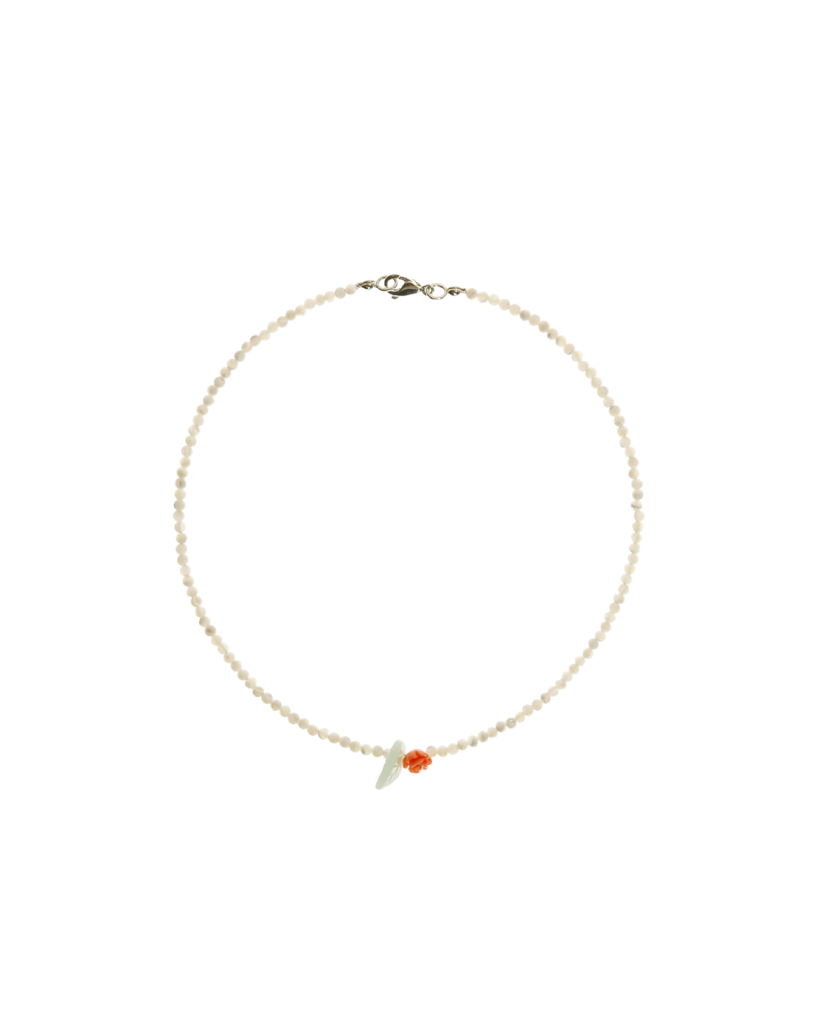 Cream pearl bead necklace with rose pendant, green leaf and red flower centerpiece