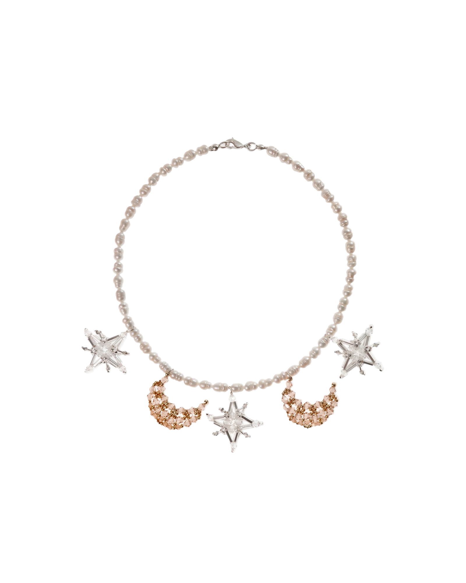 Pearl bead necklace with starburst charms and clear crystal details, plus warm rose accents.