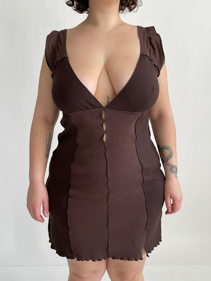 Dark brown fitted sleeveless dress with deep V-back, seam detailing, scalloped hem