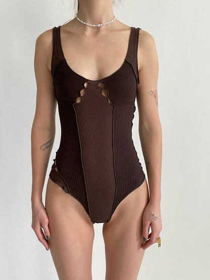 Brown wavy-rib bodysuit with scoop backless neckline and front cutout lace-up