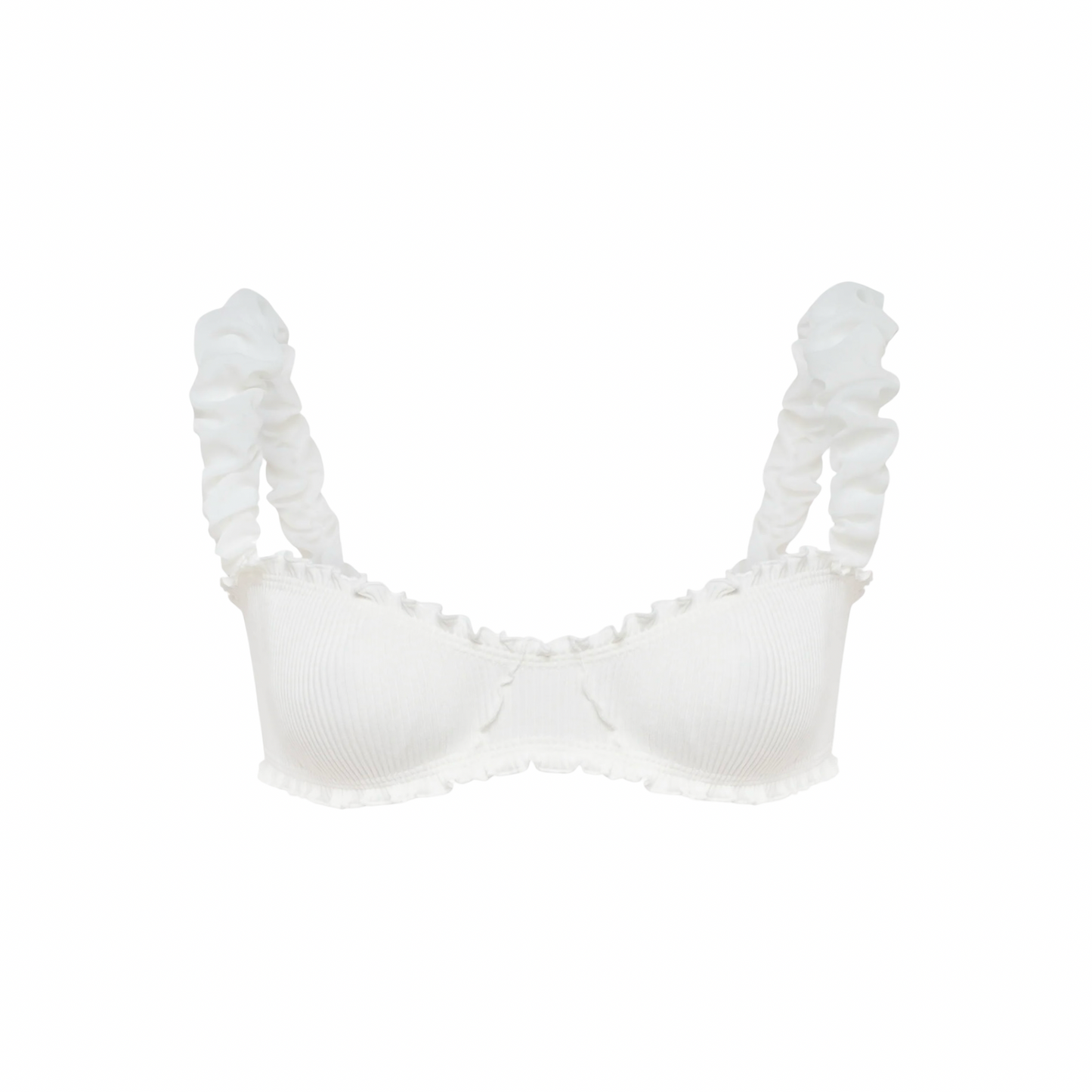 White ribbed bralette with ruffled frill neckline and off-shoulder style