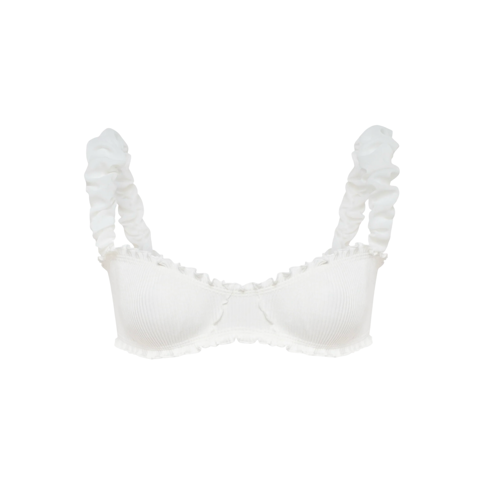 White ribbed bralette with ruffled frill neckline and off-shoulder style
