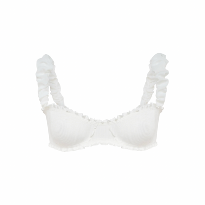 White ribbed bralette with ruffled frill neckline and off-shoulder style