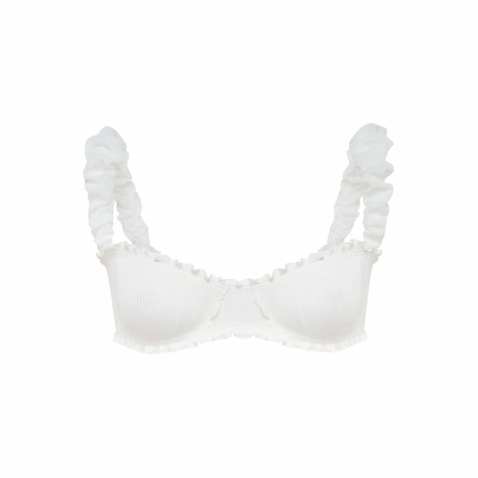 White ribbed bralette with ruffled frill neckline and off-shoulder style
