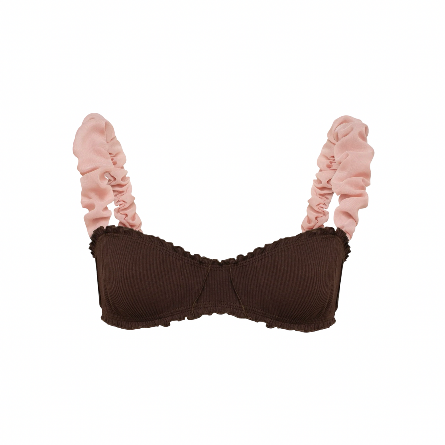 Brown bralette with ruffled trim and pink shoulder frills, front view.