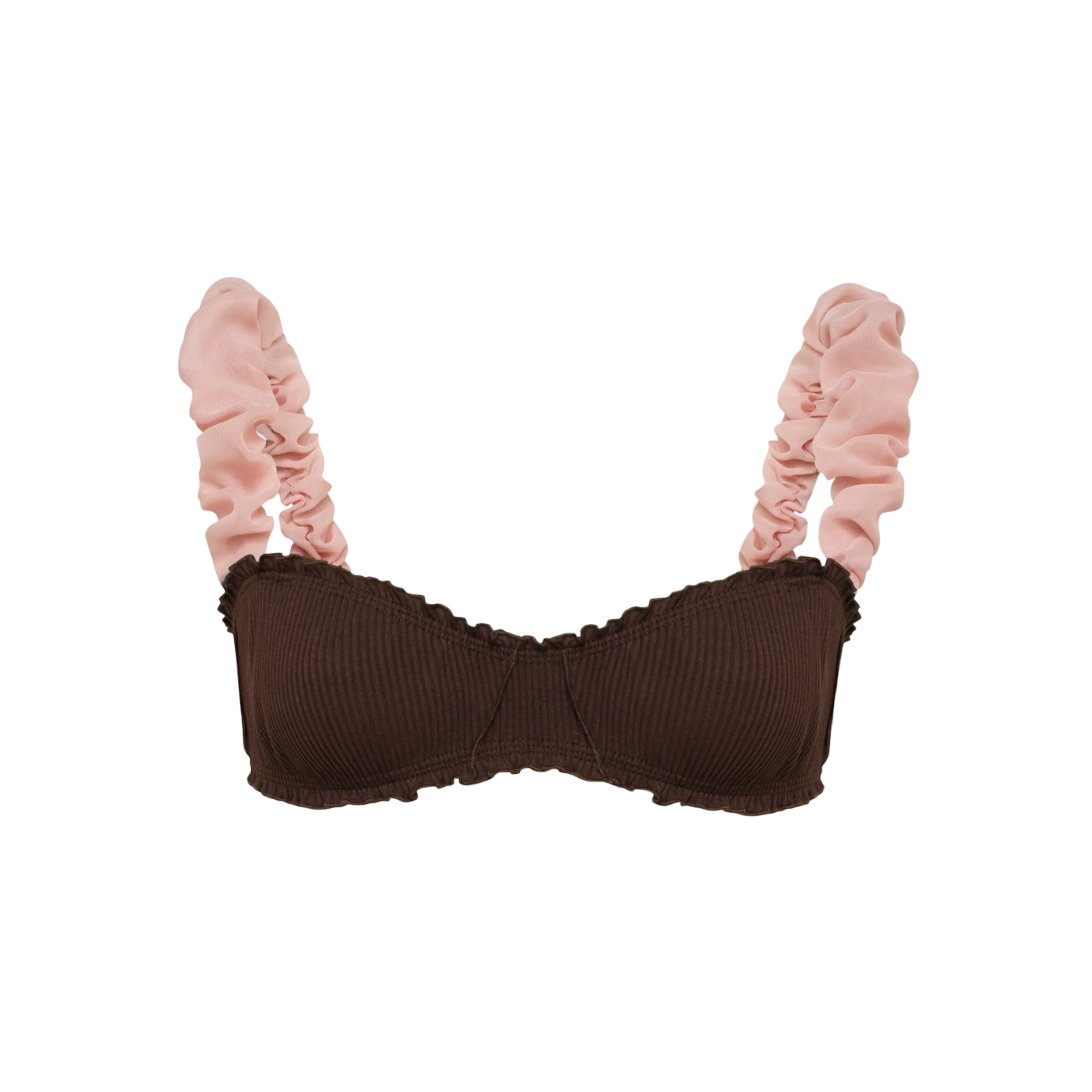 Brown bralette with ruffled trim and pink shoulder frills, front view.