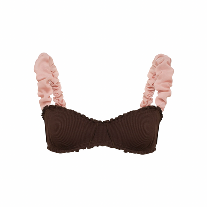 Brown bralette with ruffled trim and pink shoulder frills, front view.