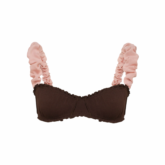 Brown bralette with ruffled trim and pink shoulder frills, front view.
