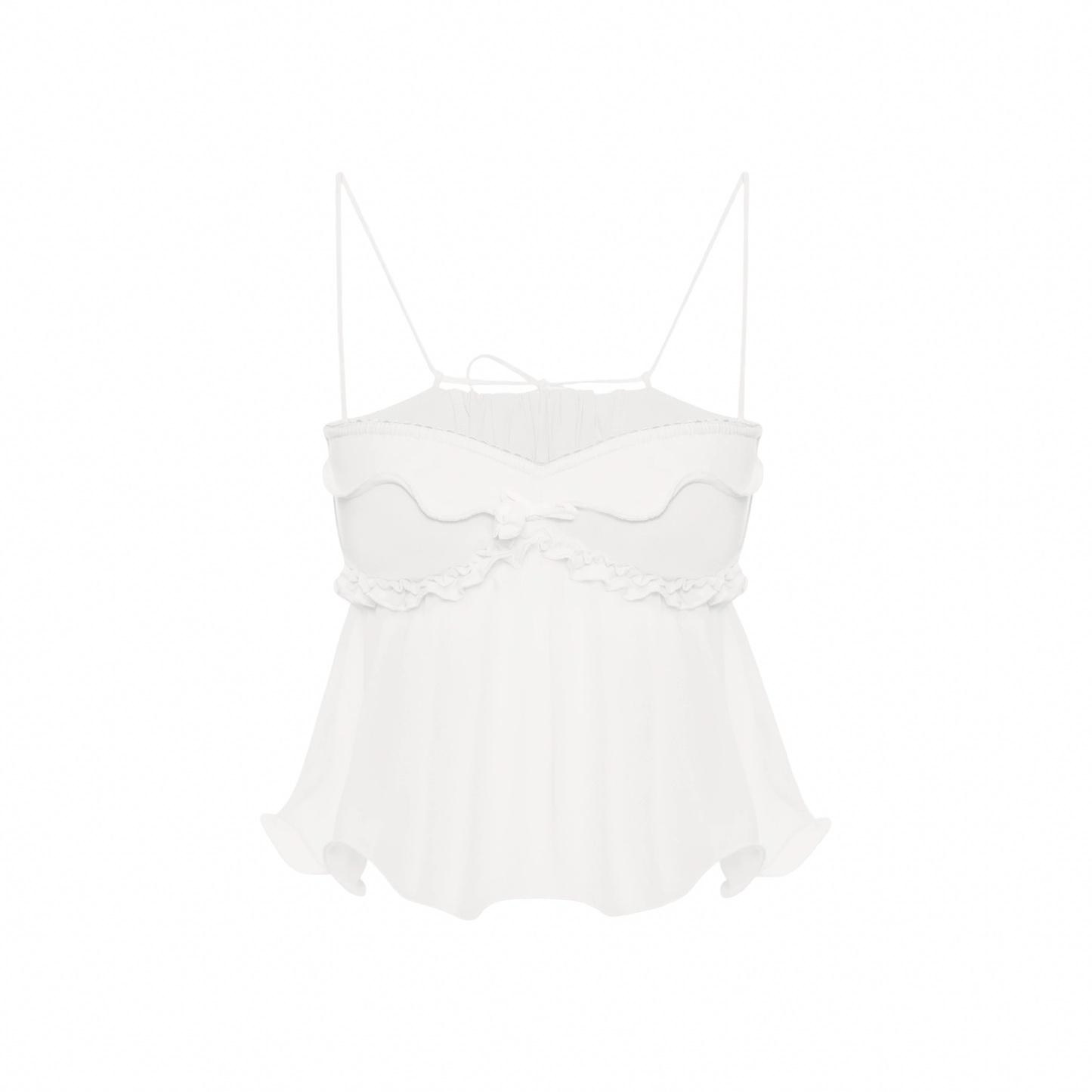 White wave-front top with spaghetti straps and ruffled trim, tiered hem