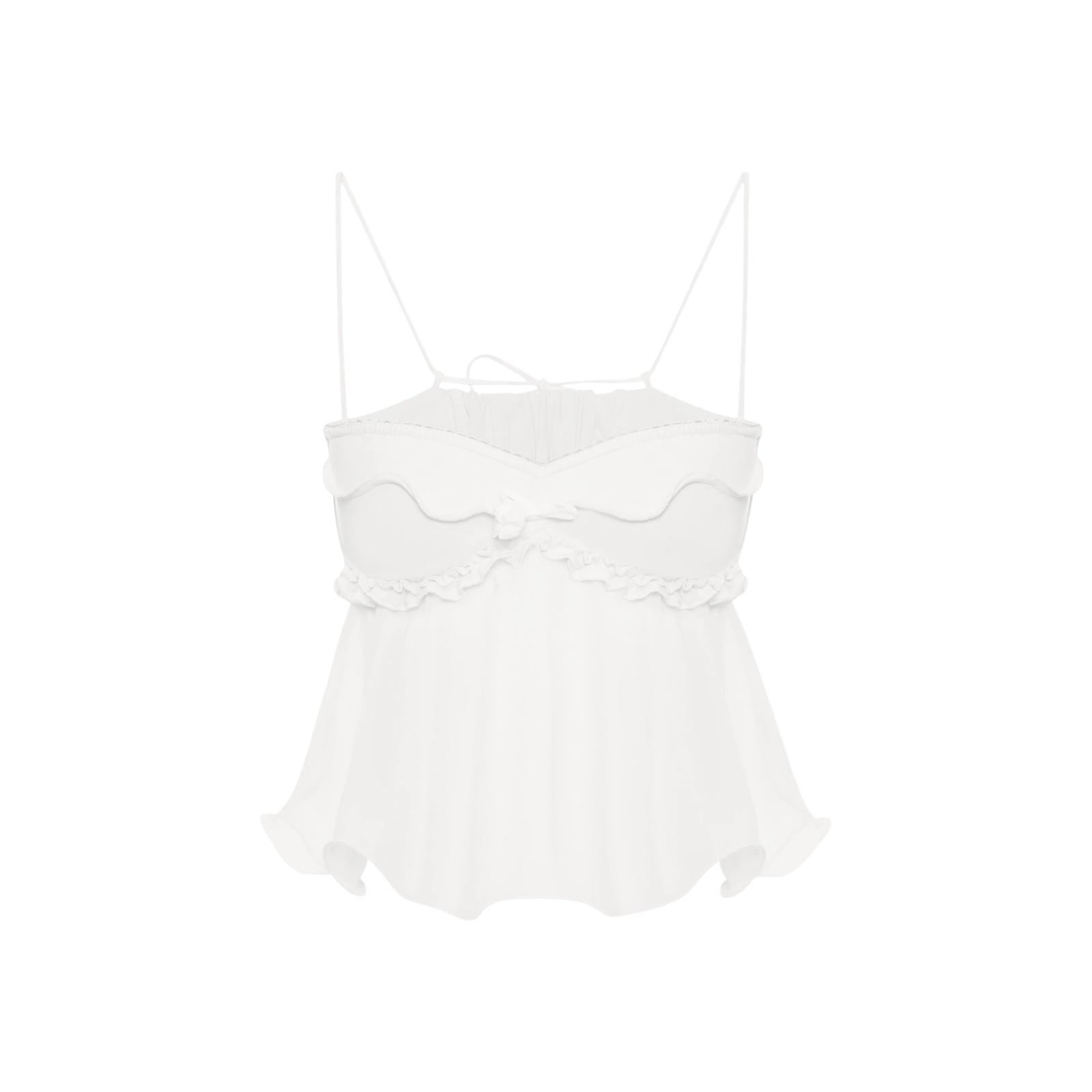 White wave-front top with spaghetti straps and ruffled trim, tiered hem
