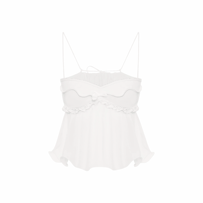 White wave-front top with spaghetti straps and ruffled trim, tiered hem
