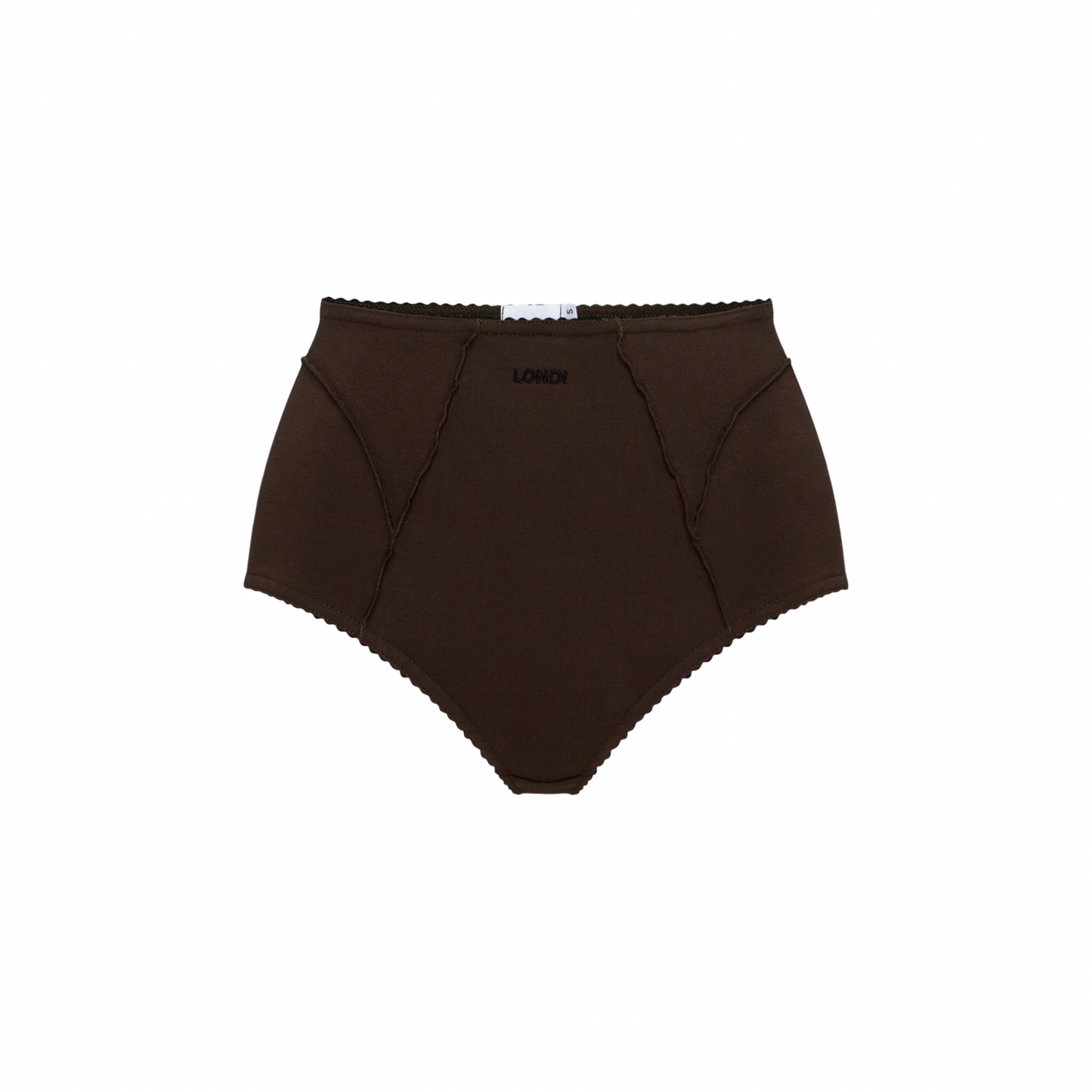 High-waisted brown briefs with elastic waistband and stitched front panels