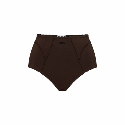 High-waisted brown briefs with elastic waistband and stitched front panels