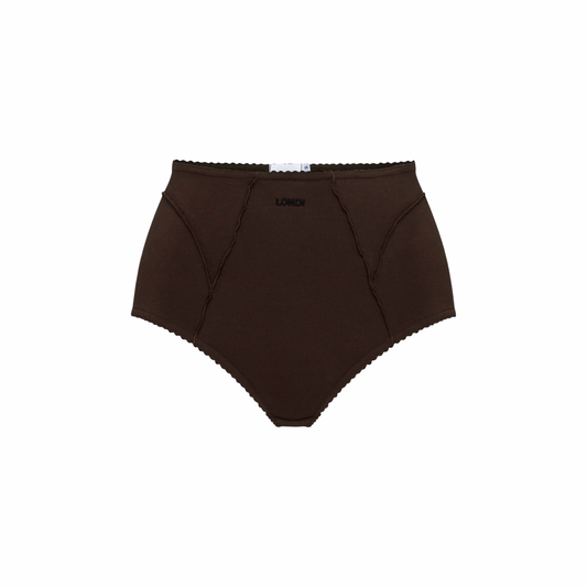 High-waisted brown briefs with elastic waistband and stitched front panels