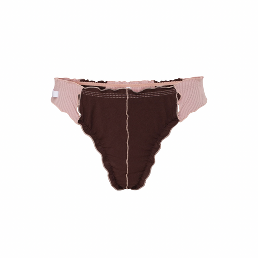 Wavy thong underwear in dark brown with pink trim and scalloped edges