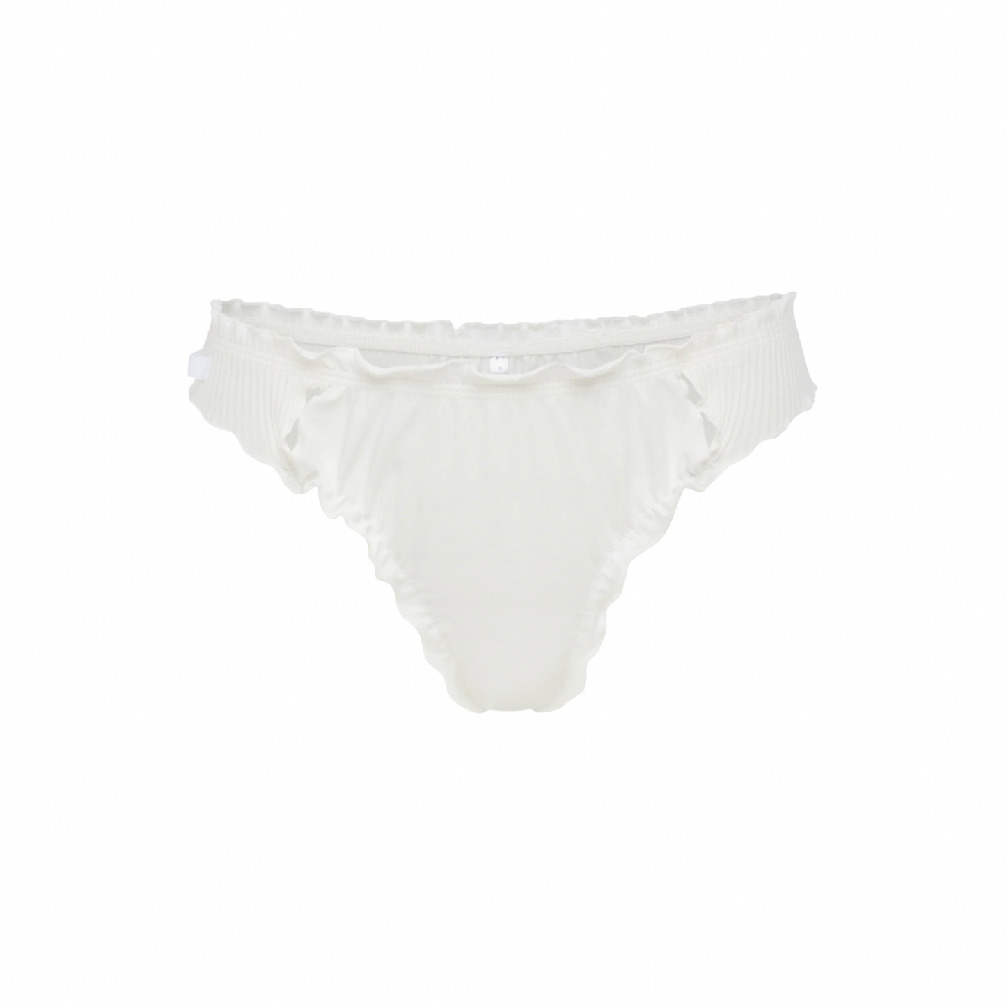 White wavy tanga underwear with scalloped edges and ruched waistband