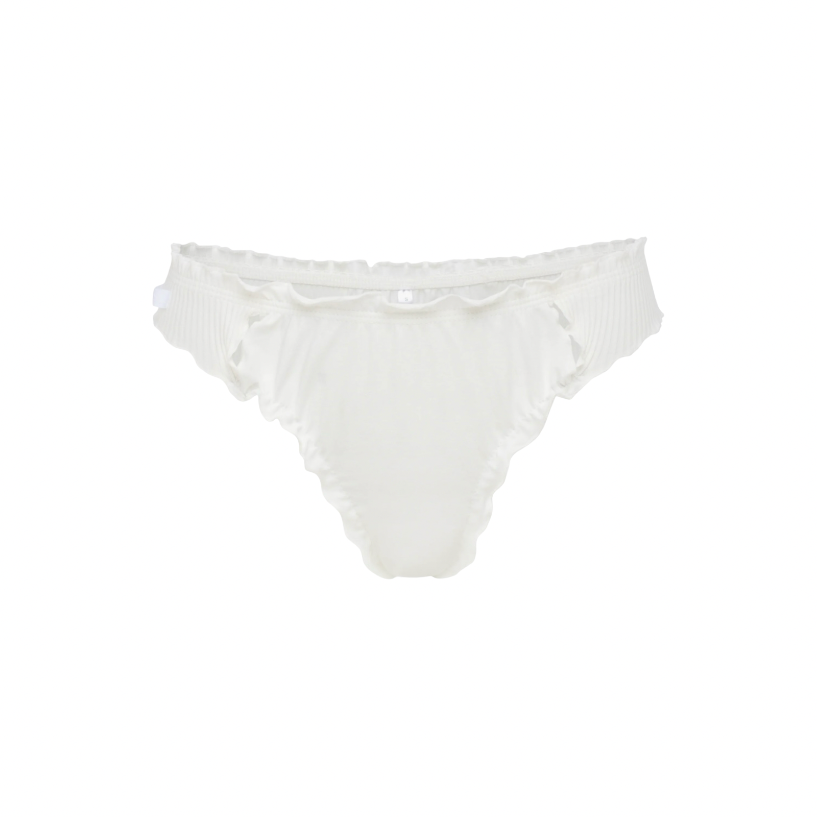 White wavy tanga underwear with scalloped edges and ruched waistband