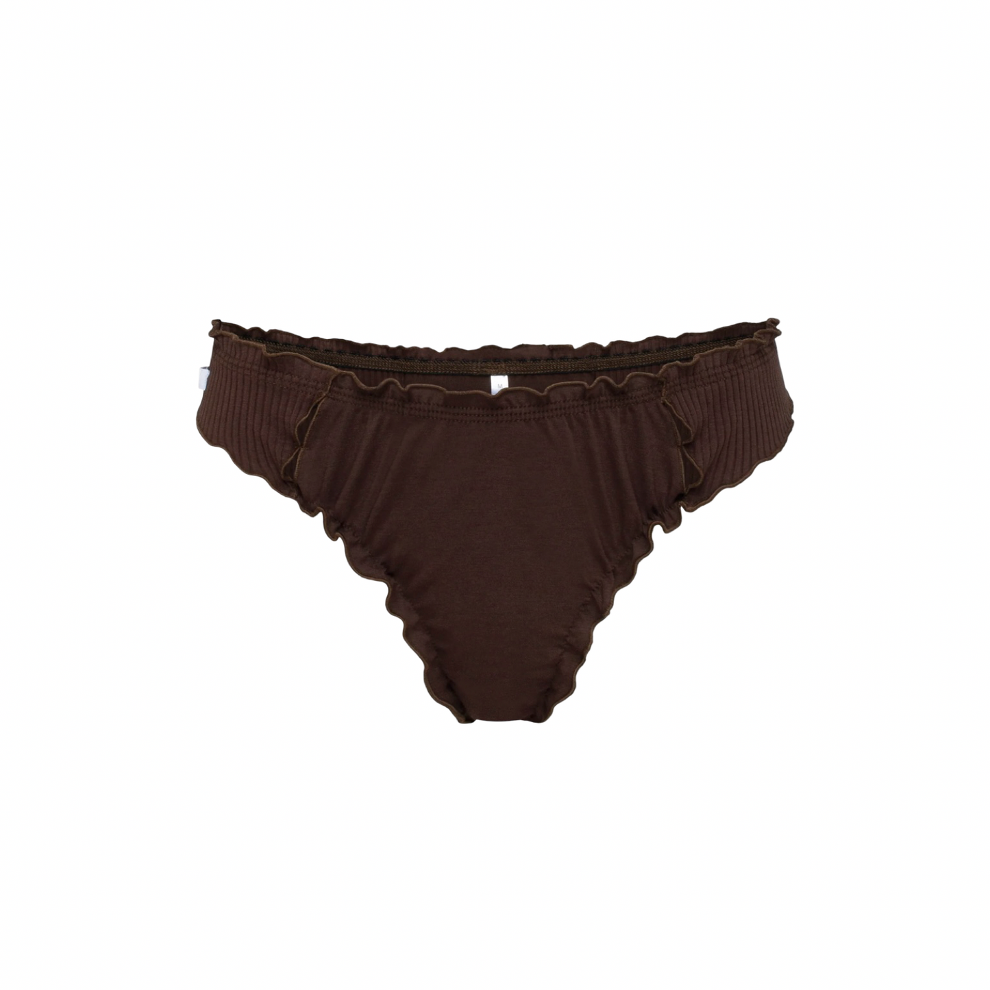 Brown wavy-cut tanga underwear with ruched sides and scalloped hem