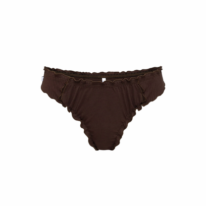 Brown wavy-cut tanga underwear with ruched sides and scalloped hem