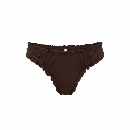 Brown wavy-cut tanga underwear with ruched sides and scalloped hem