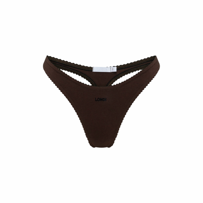 Brown lace-trim thong with front V-cut