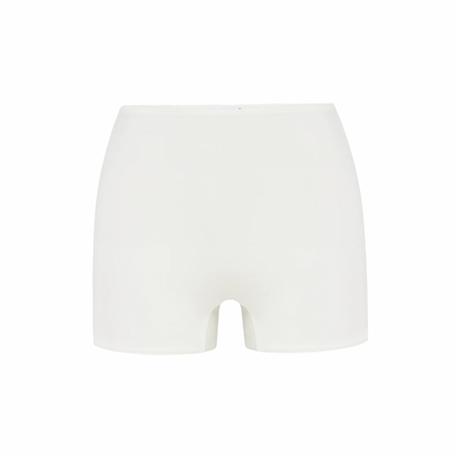 White basic shorts, flat front with waistband and straight hem