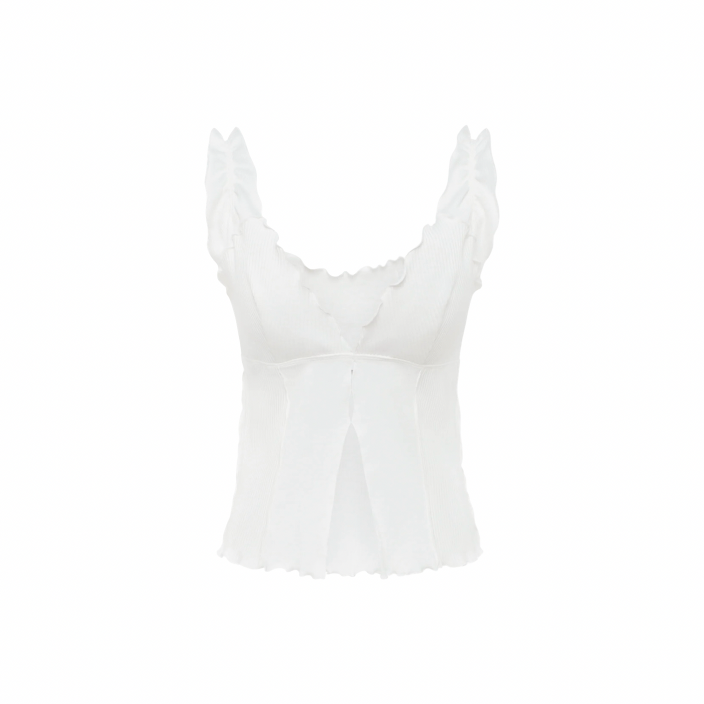 White short wavy tank top with ruffled neckline and fitted bust