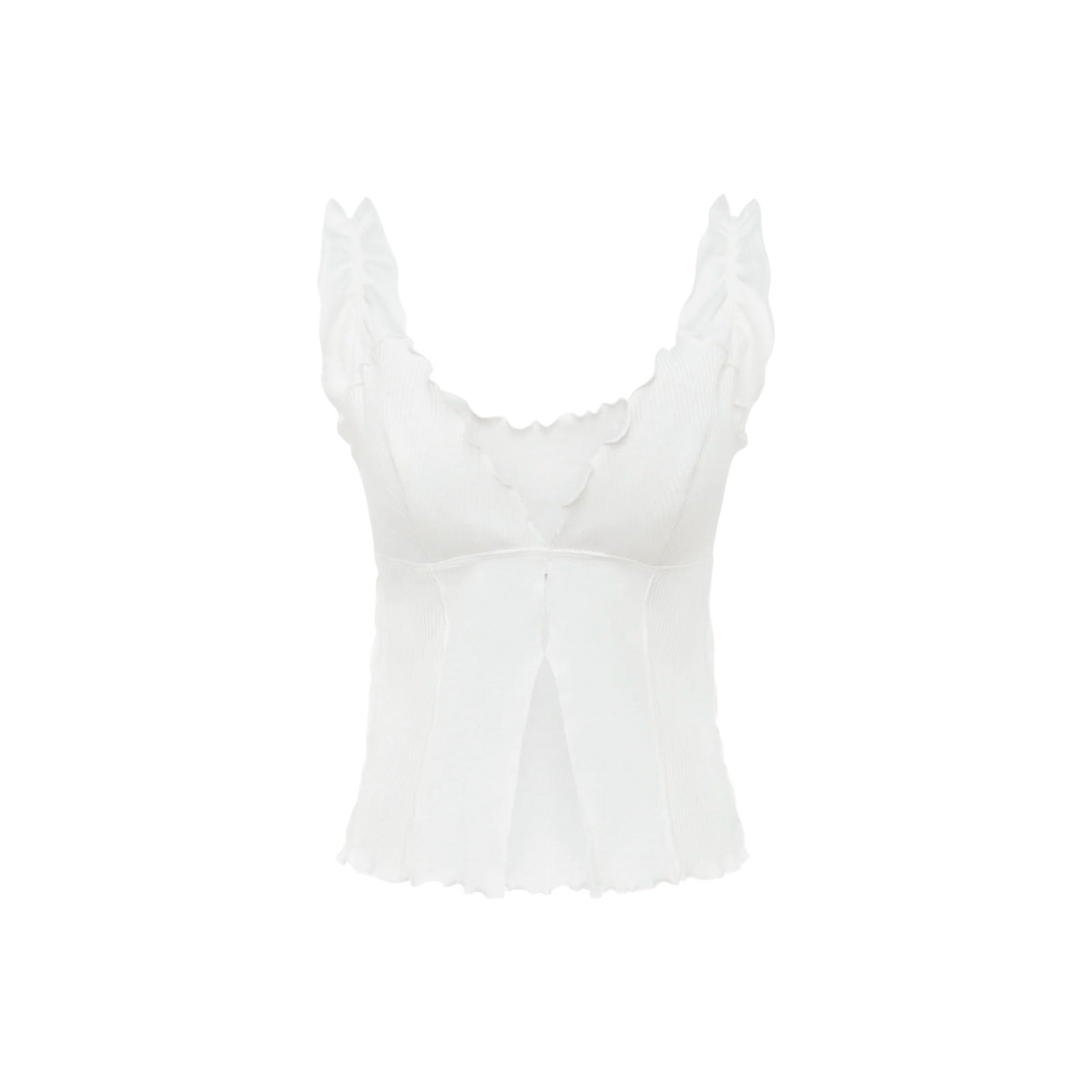 White short wavy tank top with ruffled neckline and fitted bust