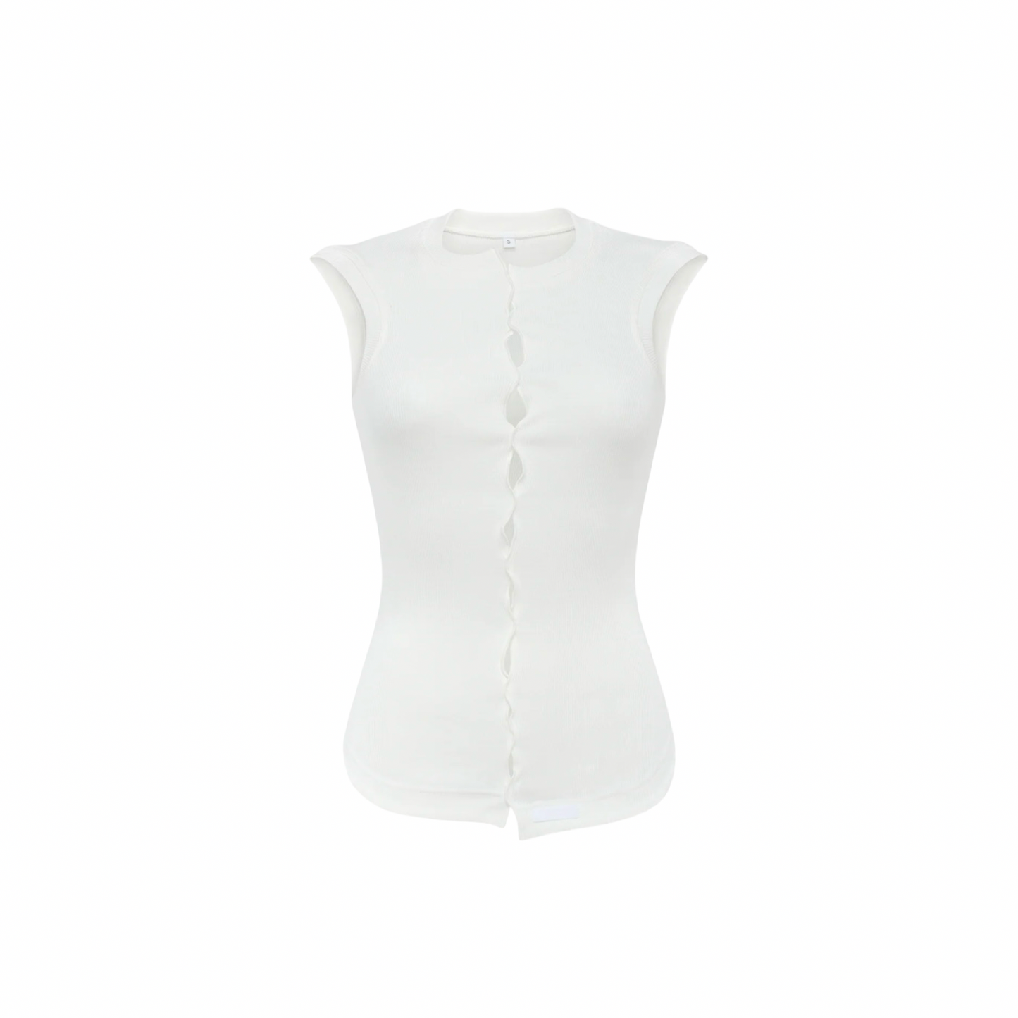 White draped t-shirt with vertical pleated detail, sleeveless design.