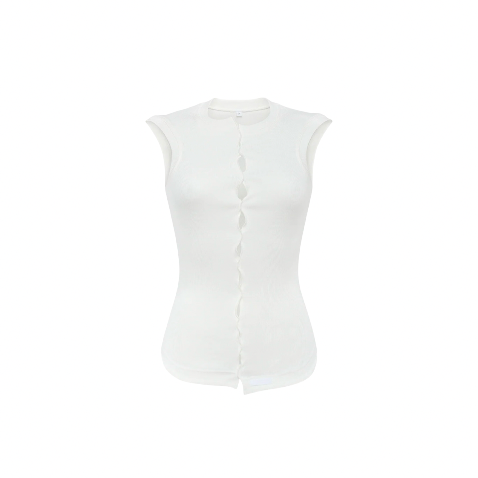 White draped t-shirt with vertical pleated detail, sleeveless design.
