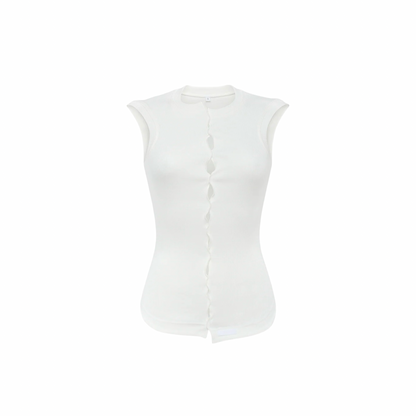 White draped t-shirt with vertical pleated detail, sleeveless design.