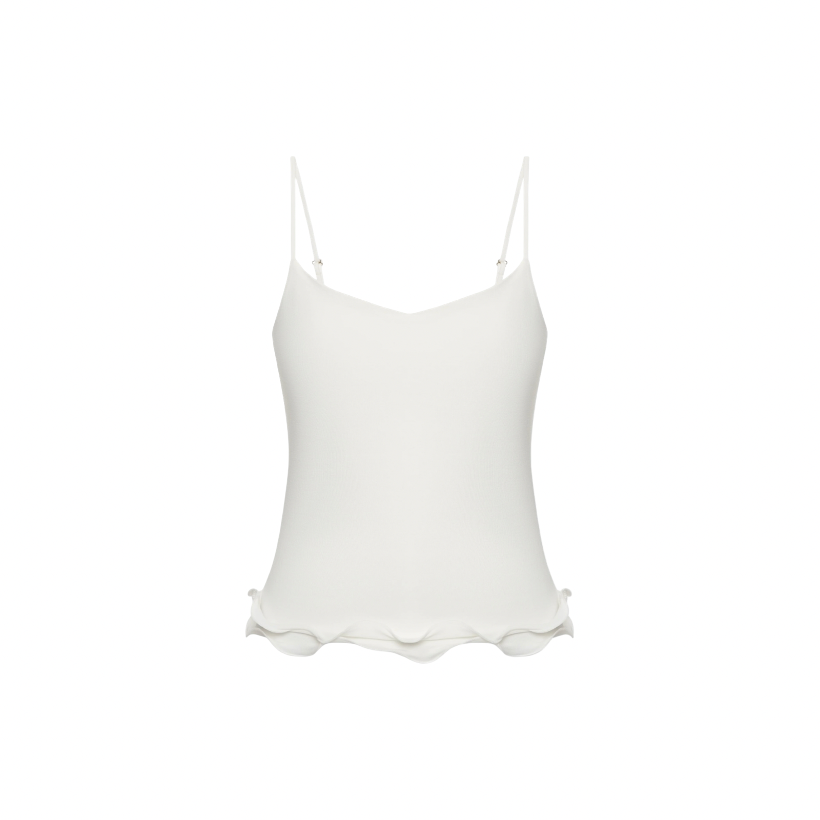 White double-layer tank top with spaghetti straps and wavy hem