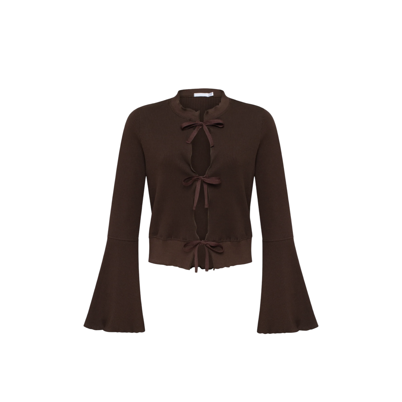 Brown cardigan with neck tie and front bow closures