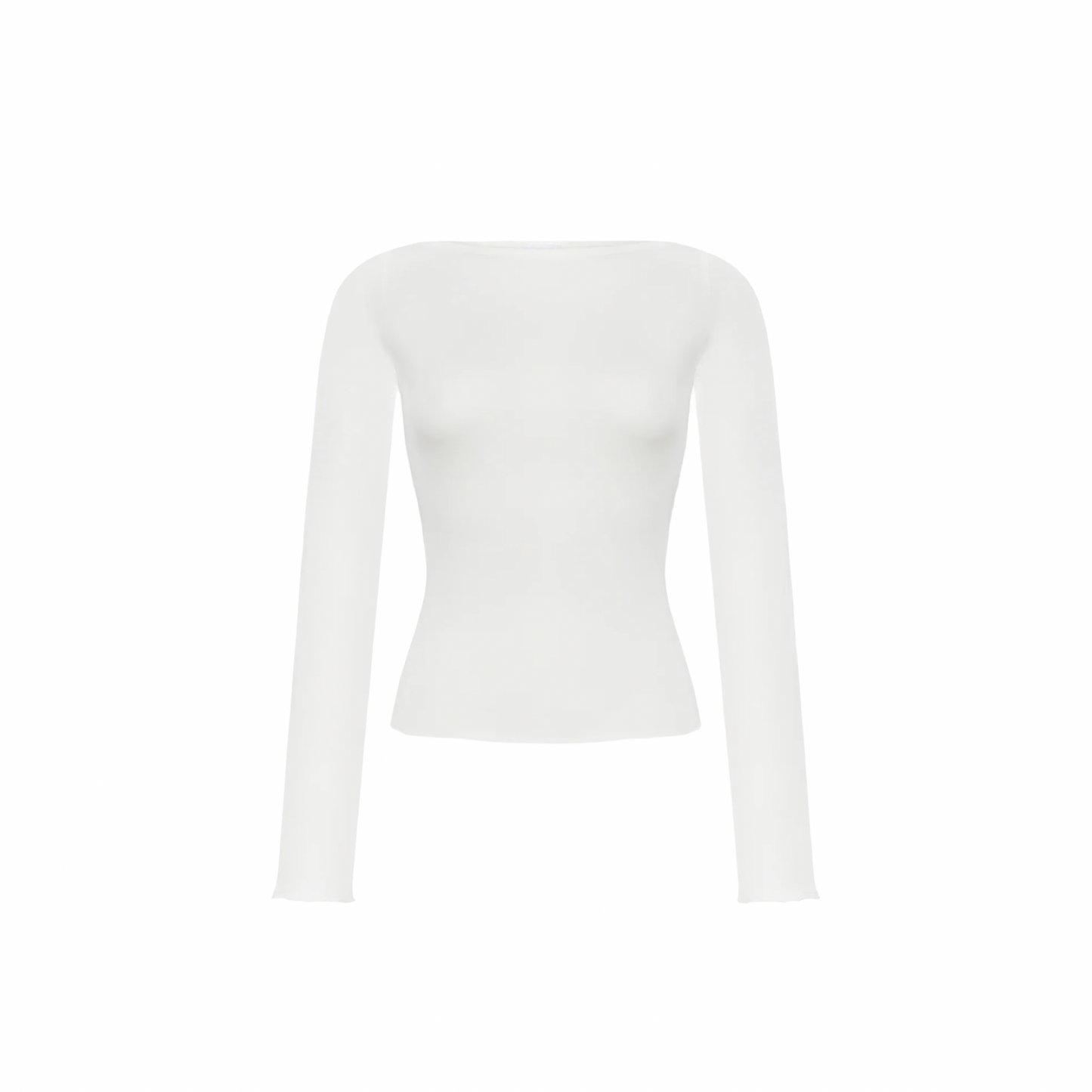 White long-sleeve crewneck top with fitted silhouette