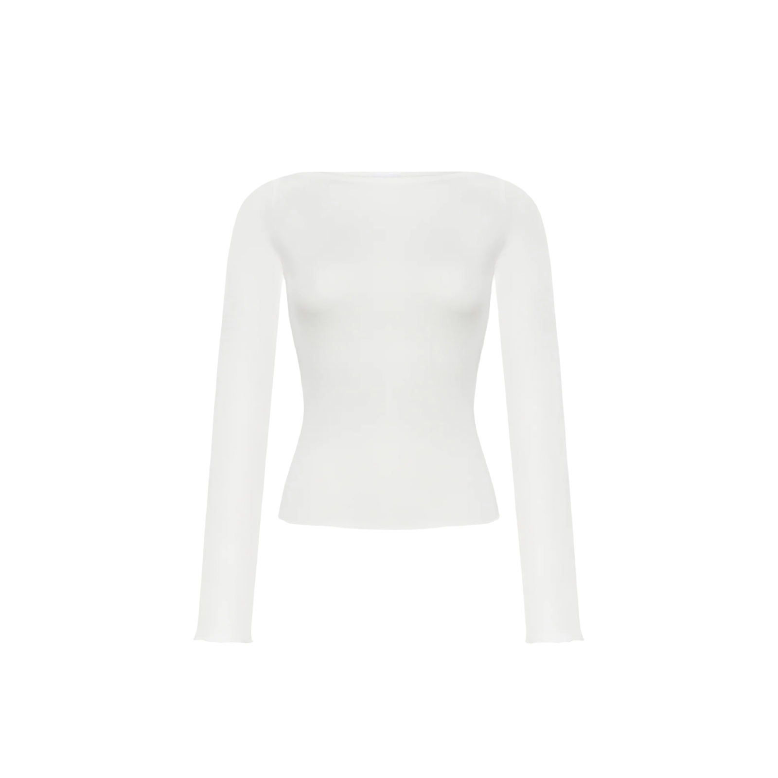 White long-sleeve crewneck top with fitted silhouette
