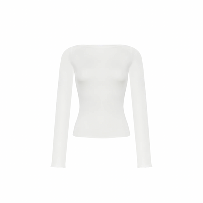 White long-sleeve crewneck top with fitted silhouette