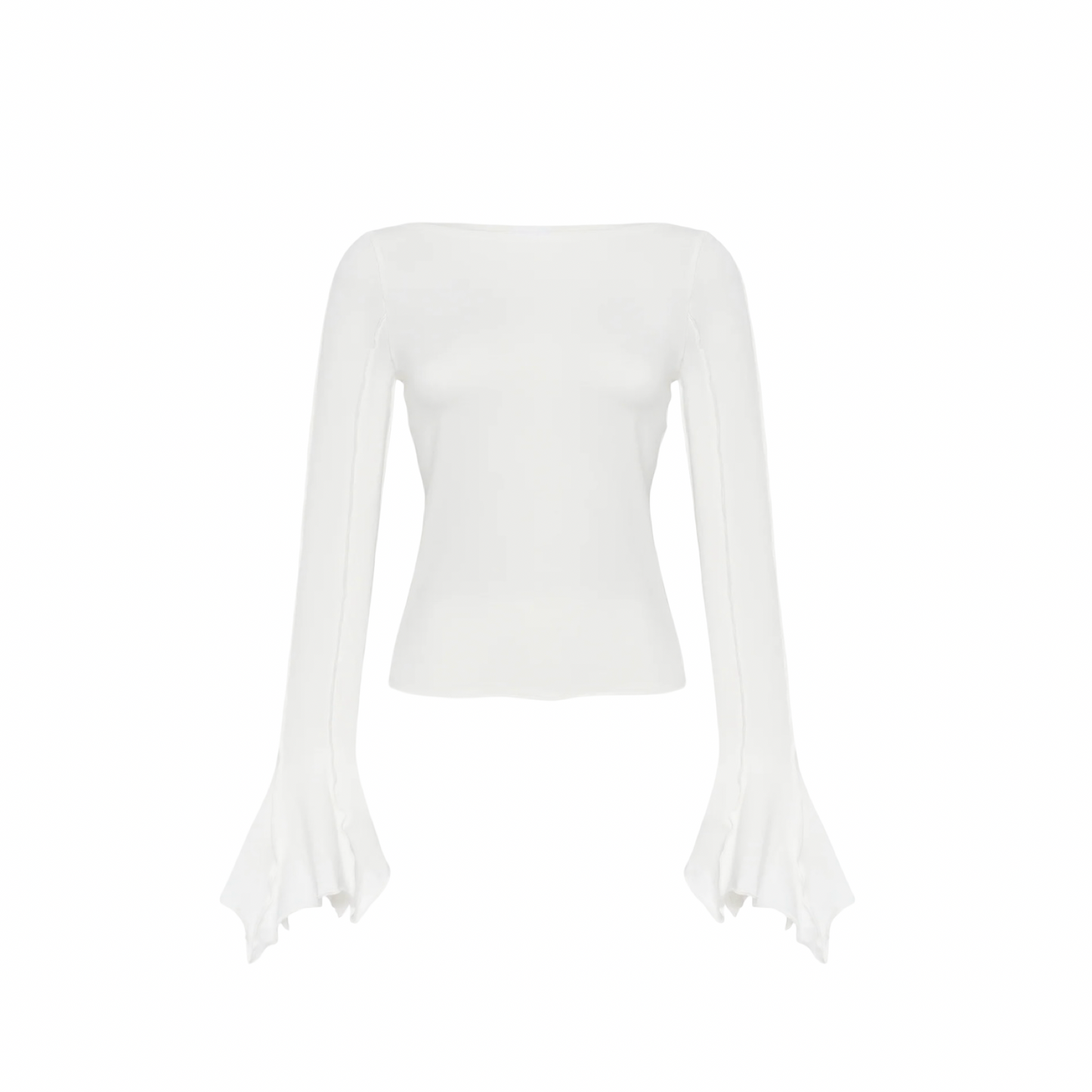 White drape long-sleeve top with soft drape sleeves and scoop neckline