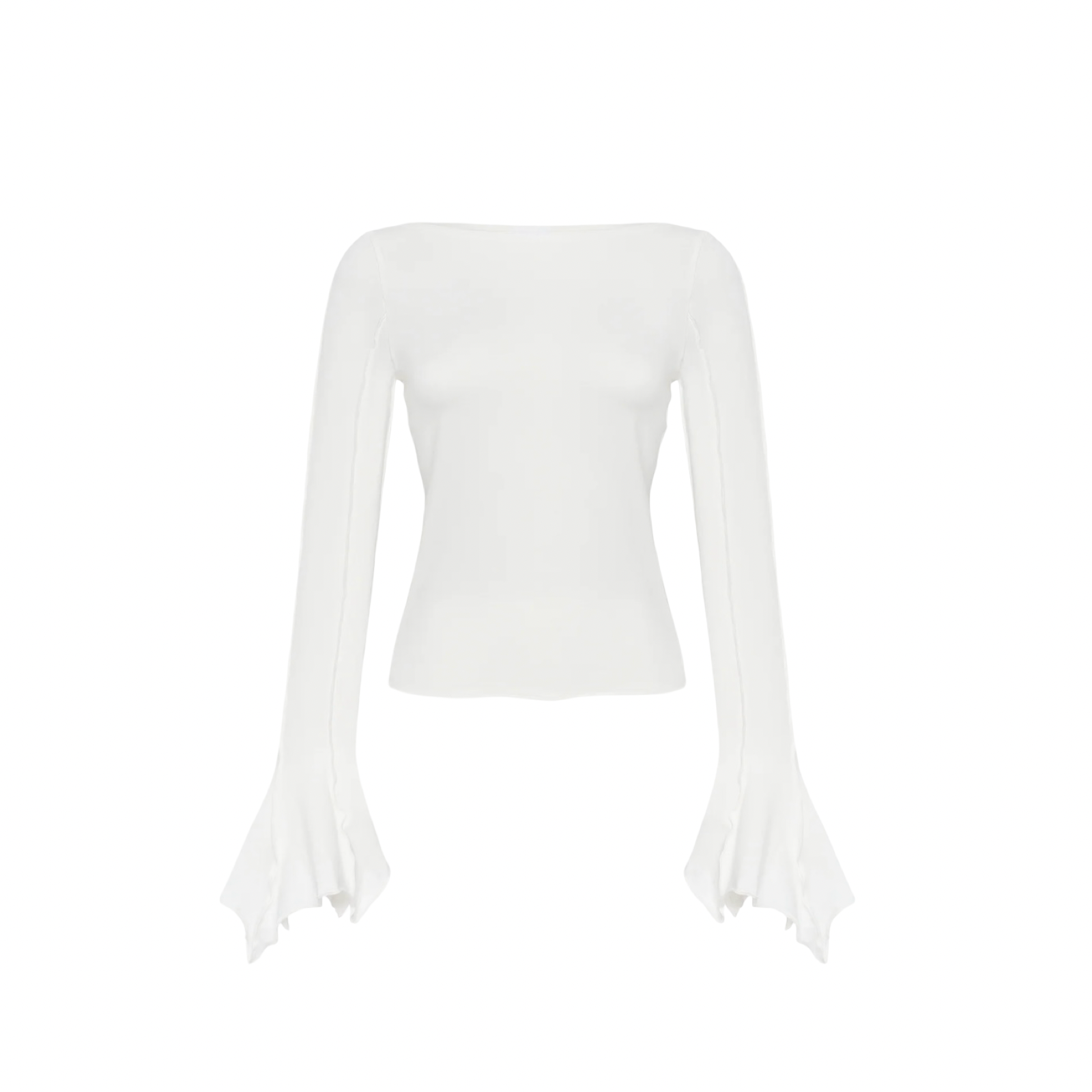 White drape long-sleeve top with soft drape sleeves and scoop neckline