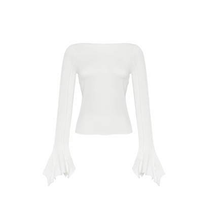 White drape long-sleeve top with soft drape sleeves and scoop neckline