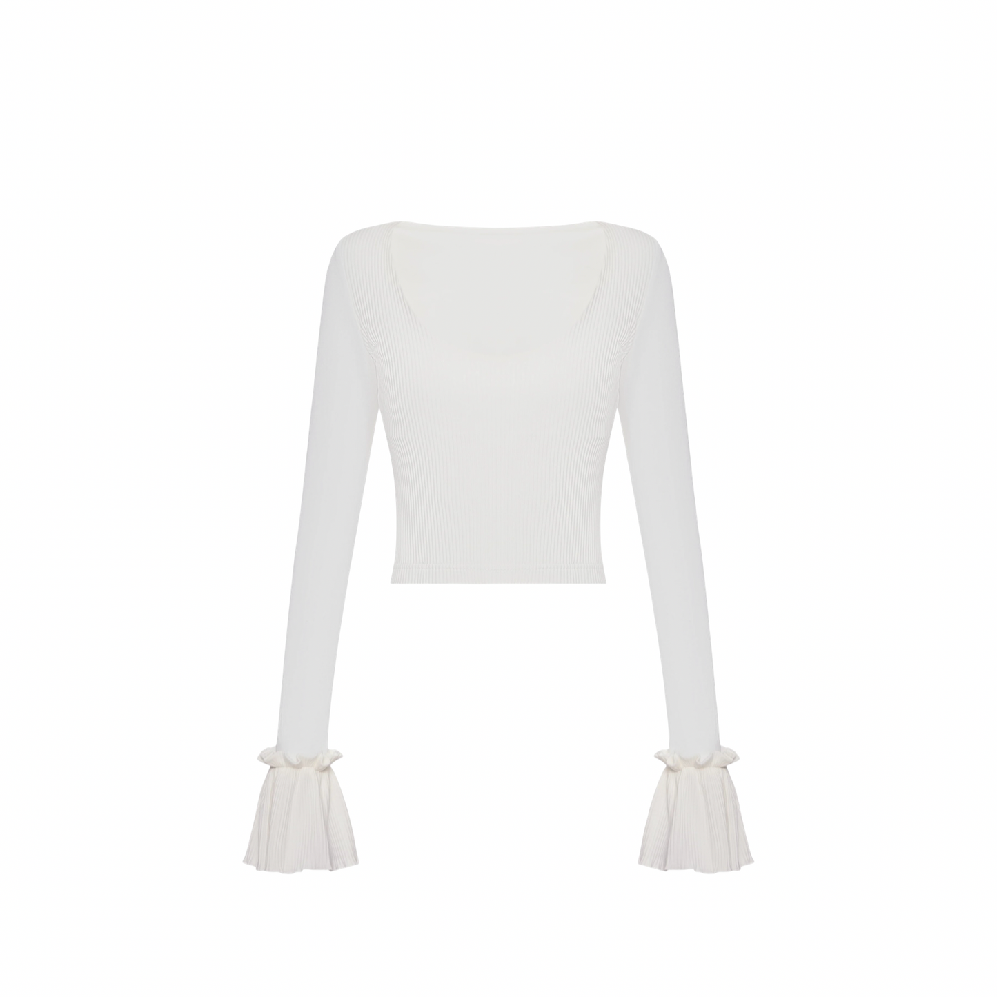 White long-sleeve top with ruffle cuffs, fitted square neckline