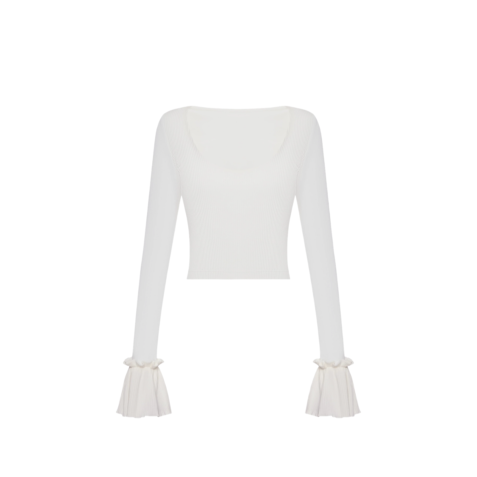 White long-sleeve top with ruffle cuffs, fitted square neckline