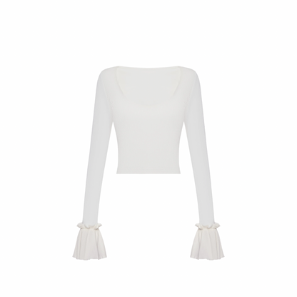 White long-sleeve top with ruffle cuffs, fitted square neckline